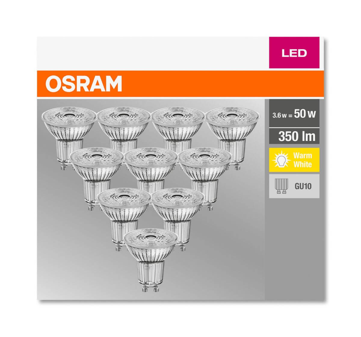 B-Ware Osram 10er Pack LED BASE PAR16 4,3W = 50W GU10 Strahler 350lm 36° 2700K Warmweiß Produktabbildung 2