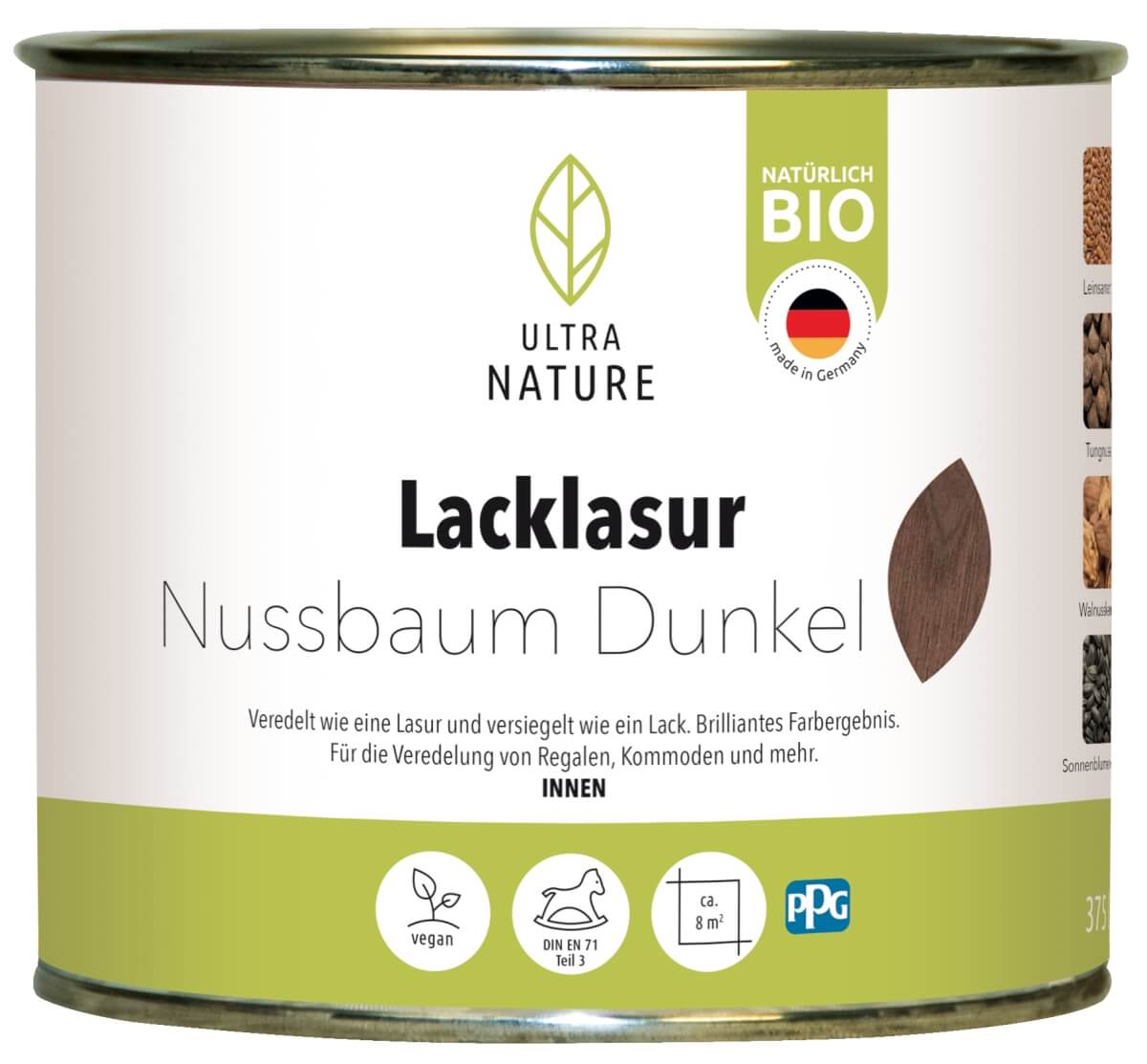 ULTRA NATURE Lacklasur, 0,375 l, Natürlich Bio, Lösemittelfrei, Nussbaum Dunkel Produktabbildung