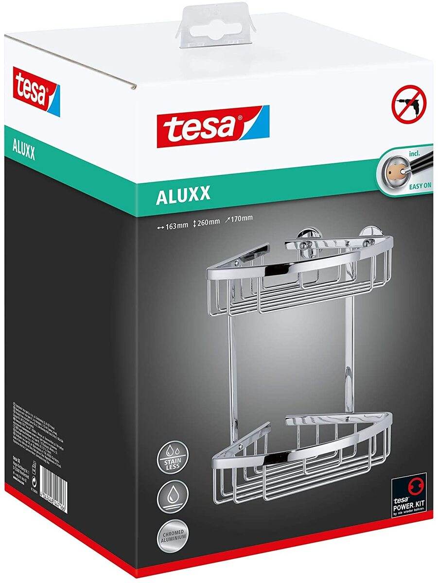 tesa Aluxx Eck-Duschablage, Zweistöckig, inkl Klebelösung, Ohne Bohren, Aluminium, Rostfrei Produktabbildung 4