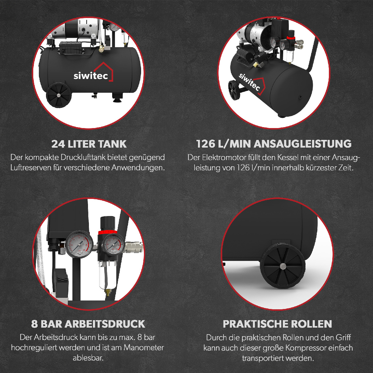B-Ware siwitec Flüsterkompressor mit 750W, 24L Kessel, 67dB, 8bar, Druckluftkompressor, Kompressor Produktabbildung 5