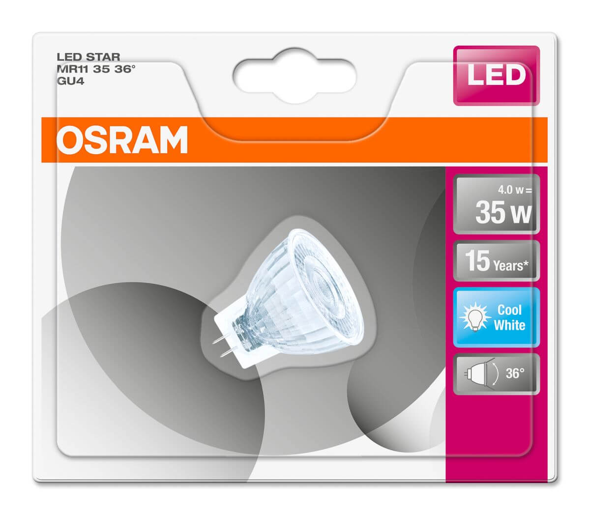 Osram LED STAR MR11, 4W=35W, 345 lm, GU4, 12 V, klar, Neutralweiß (4000 K) Produktabbildung 3
