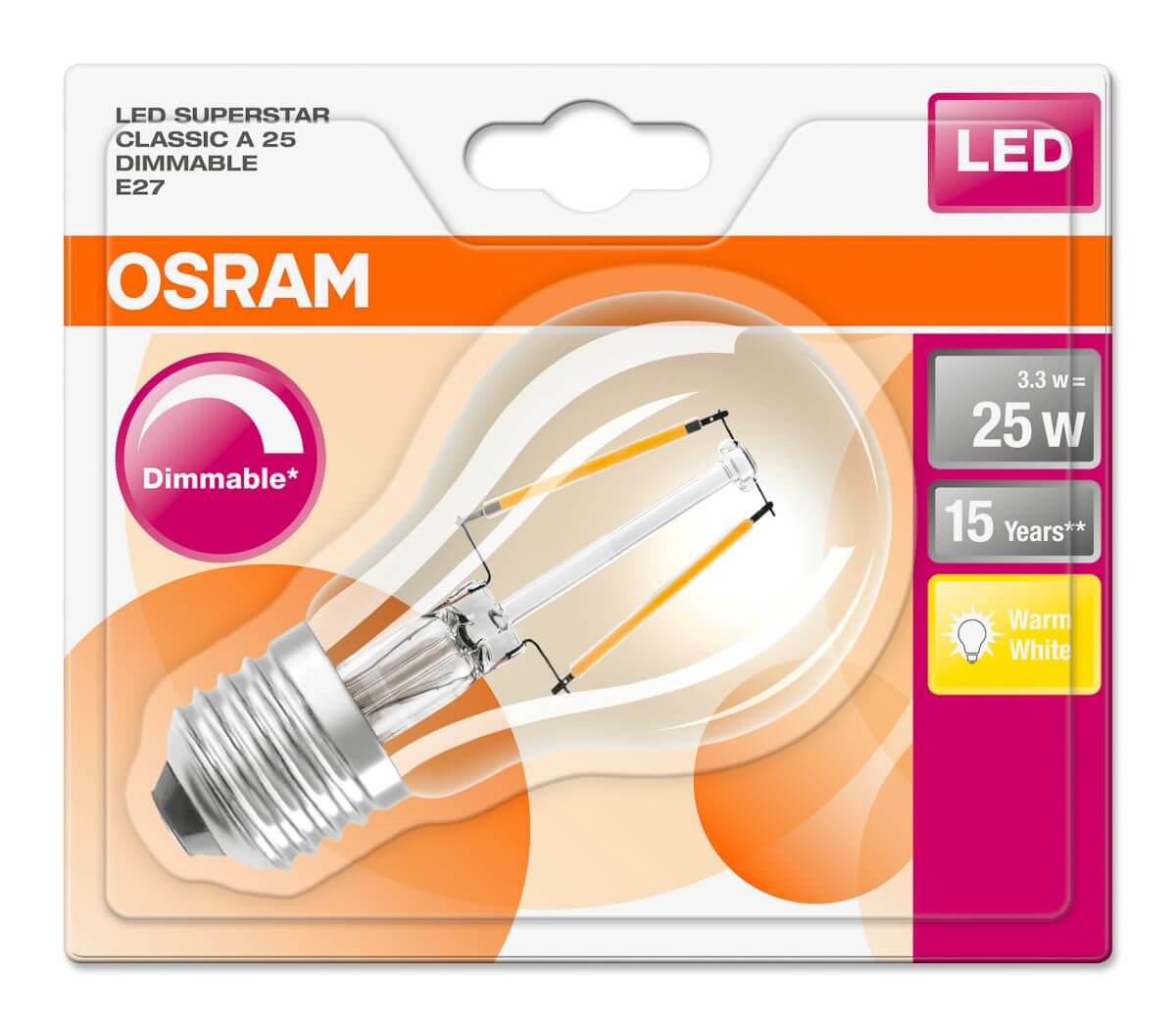 Osram LED Superstar Classic A 25 3,3W = 25W E27 Dimmbar, Warmweiß (2700K) Retrofit Filament Lampe Produktabbildung 2
