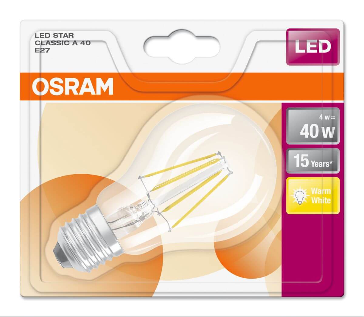 Osram LED Star Classic A 40, 4W = 40W, 470 lm, E27, klar, Warmweiß (2700K), Filament Lampe Produktabbildung 2