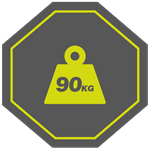 Ein gelbes Gewichtssymbol mit der Aufschrift 90 kg auf grauem Hintergrund