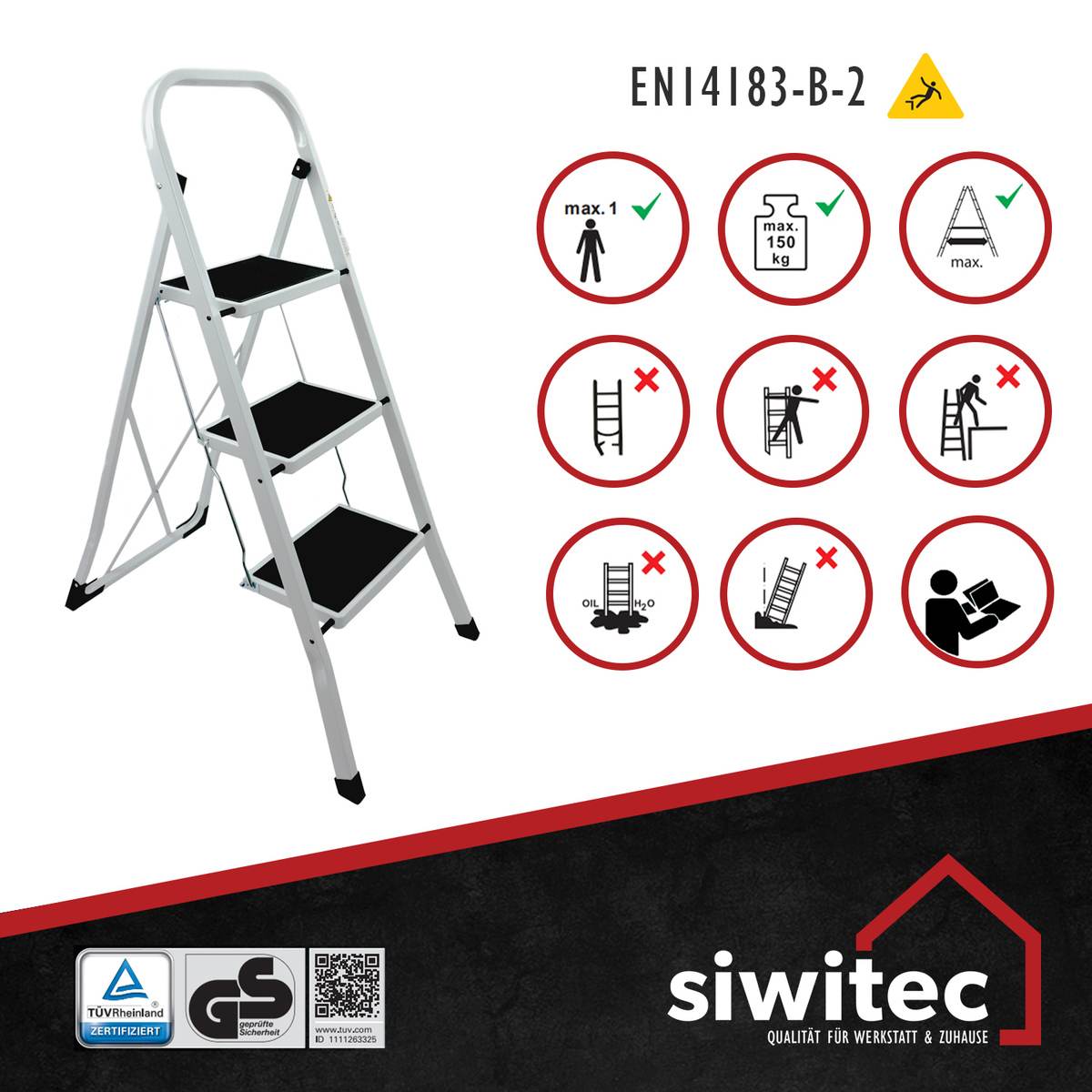 B-Ware siwitec Trittleiter in Weiß, Klapptritt, 3 Stufen, Klappleiter Haushaltsleiter kleine Leiter Produktabbildung 5