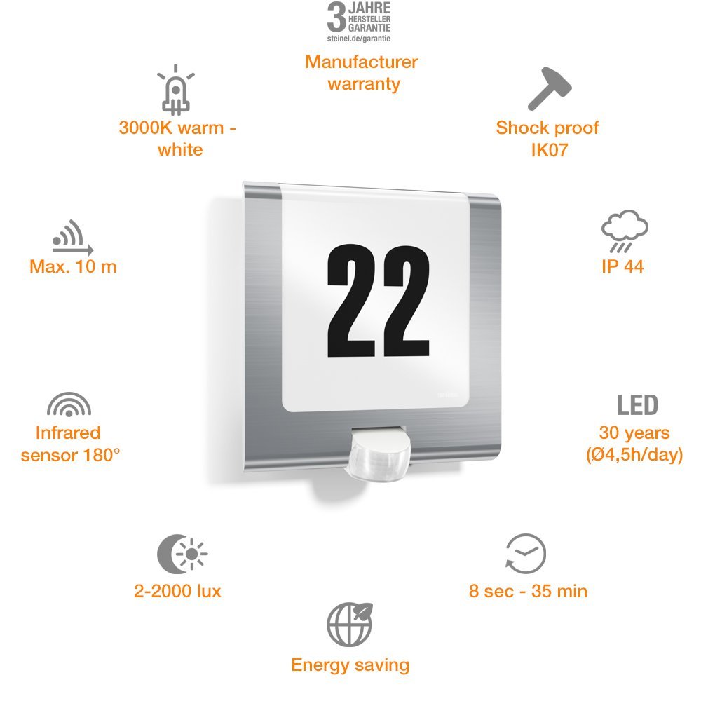 Steinel Hausnummernleuchte L 220 S LED Edelstahl, 9,3 W LED Außenleuchte, 180° Bewegungsmelder Produktabbildung 4