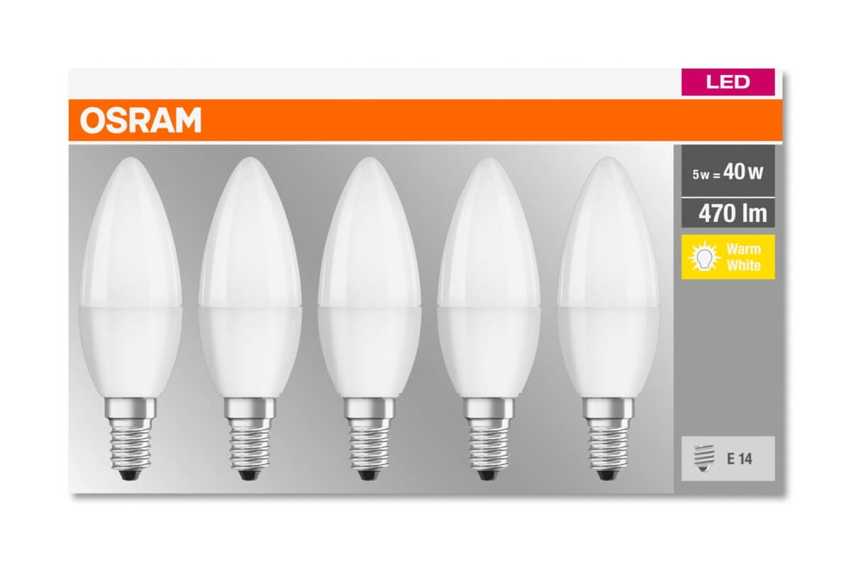 Osram 10er LED Base Classic B 40 FR, 5W = 40W, 470 lm, E14, Warmweiß (2700 K), matt, Kerze Produktabbildung 4