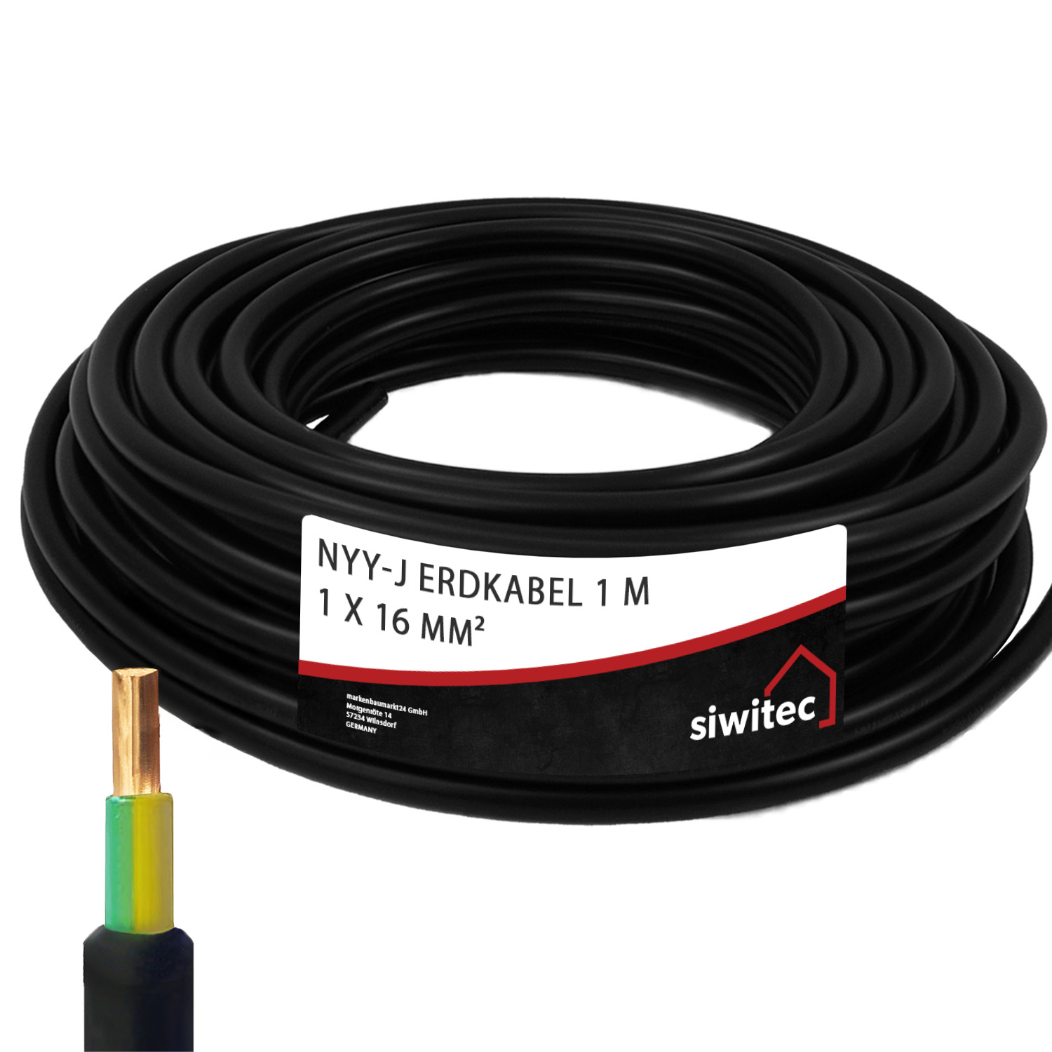 siwitec NYY-Kabel, NYY-J 1x16 mm², 1 m, Erdkabel PVC, Erdleitung, Starkstromkabel, Elektrokabel Produktabbildung