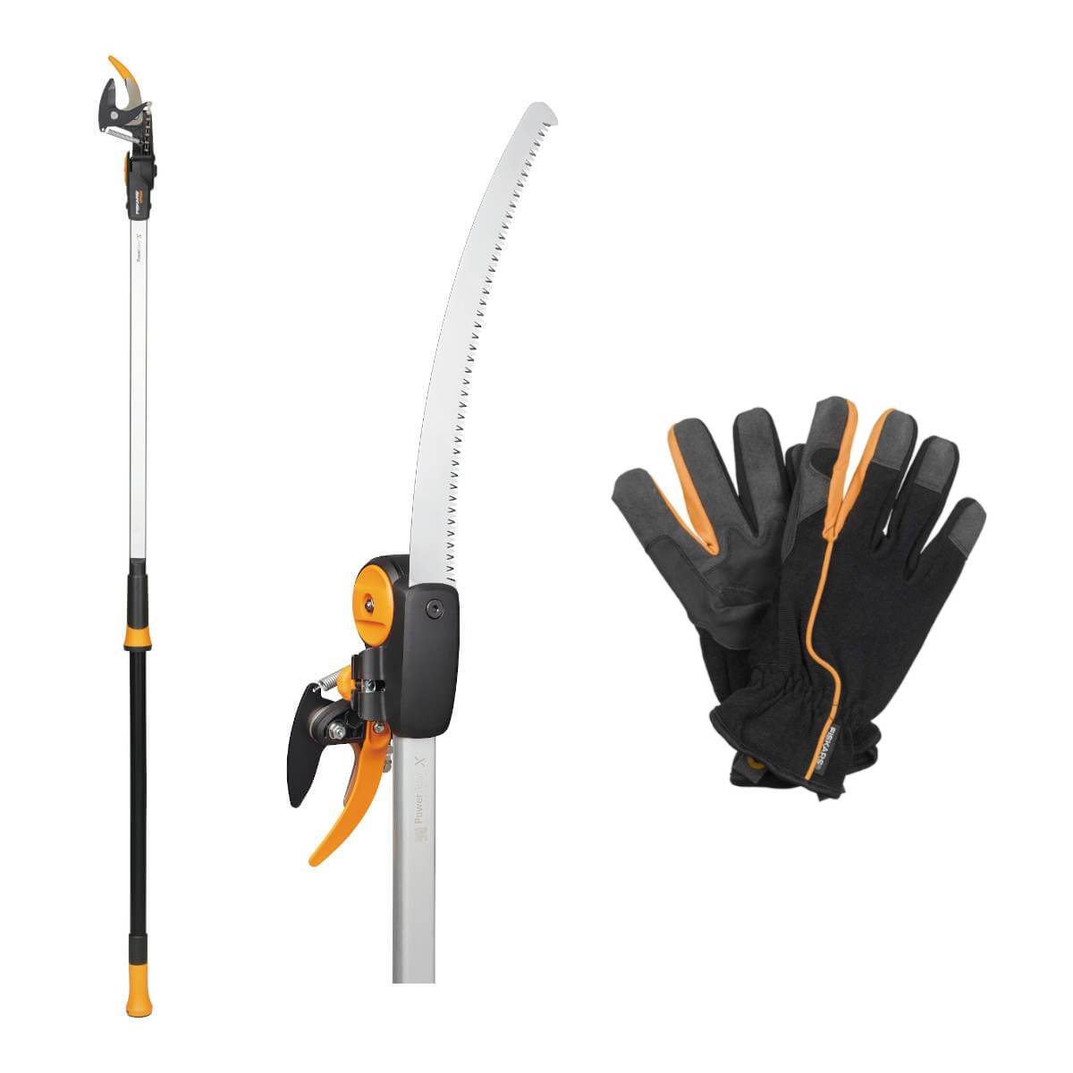 Fiskars PowerGear Schneidgiraffe Freischneider UPX82 + Adapter-Baumsäge + Handschuhe Produktabbildung
