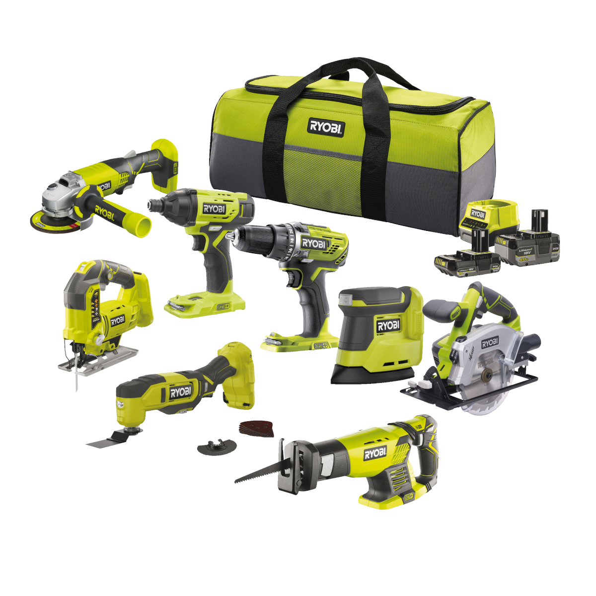 Ryobi B-Ware 18 V ONE+ Combo Kit, 8-teilig, in praktischer Tasche, inkl Akkus und Schnelladegerät Produktabbildung