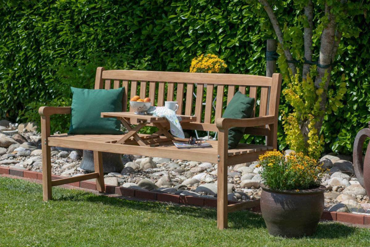 YOURSOL Holzbank mit Lehne Woodie Trend Butler, Breite 160 cm, Teak wetterfest, Gartenbank mit Tisch Produktabbildung 2