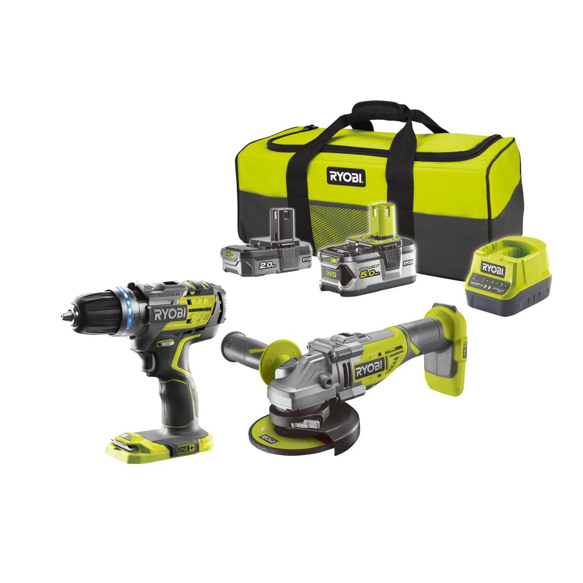 Ryobi 18V Brushless 2er Combo-Kit Akku-Schlagbohrschrauber + Akku-Winkelschleifer inkl. 5,0 Ah & 2,0 Ah Akku + Ladegerät Produktabbildung