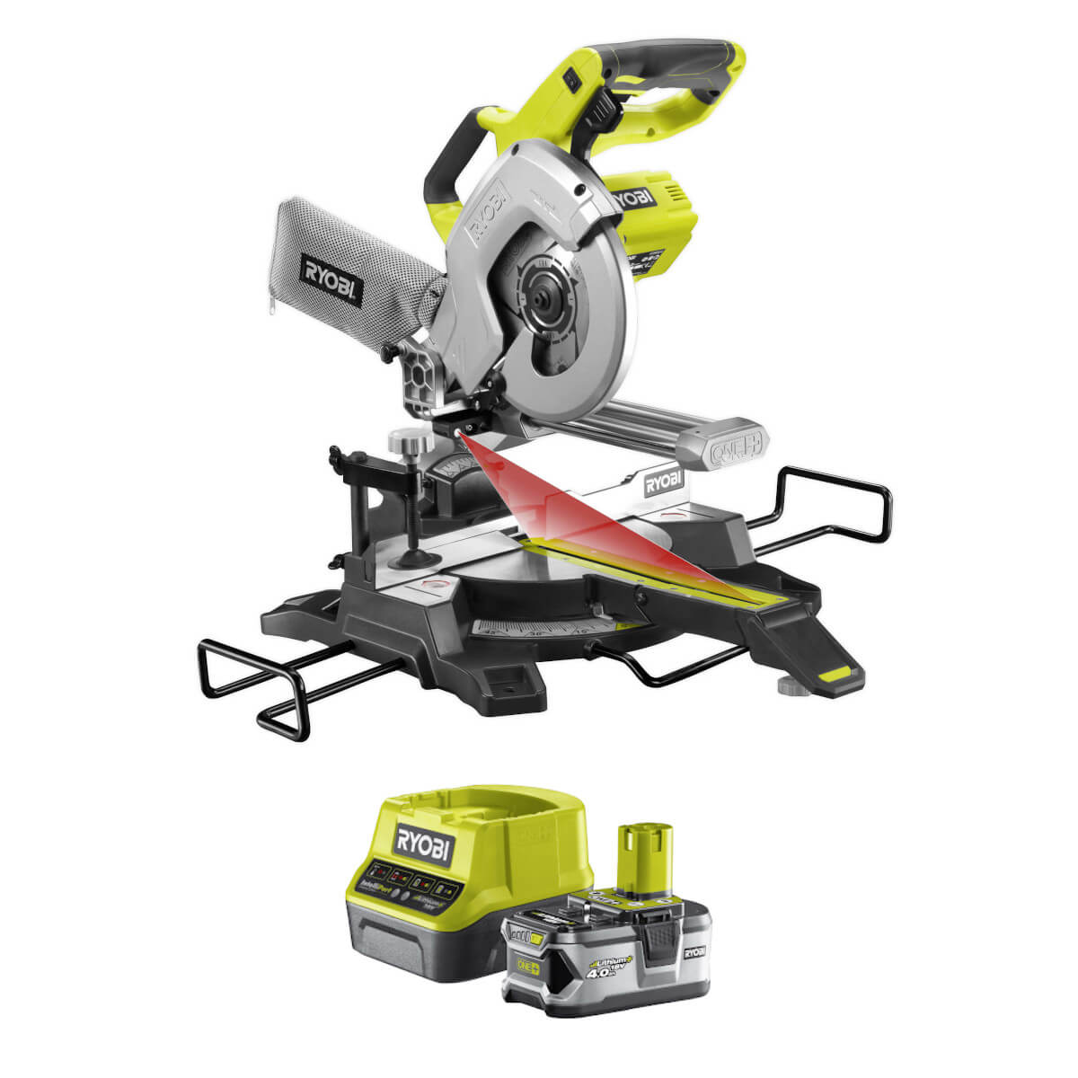 Ryobi Akku- Zug- Kapp- und Gehrungssäge R18MS216-0, ONE+, 18 V + 4,0 Ah Akku + Ladegerät Produktabbildung 1