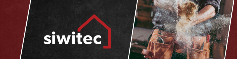 Logo von Siwitec neben einem Handwerker mit Werkzeuggürtel und Holzstaub