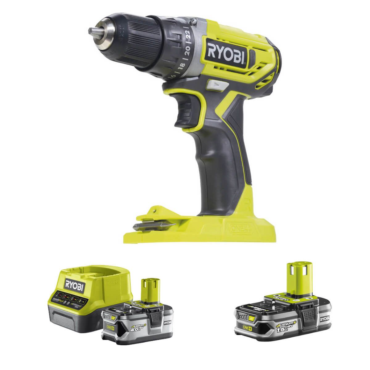 RYOBI  Akku-Bohrschrauber R18DD2-0, 18 V, LED-Beleuchtung + 4,0 Ah Akku + Ladegerät + 1,5 Ah Akku Produktabbildung 1