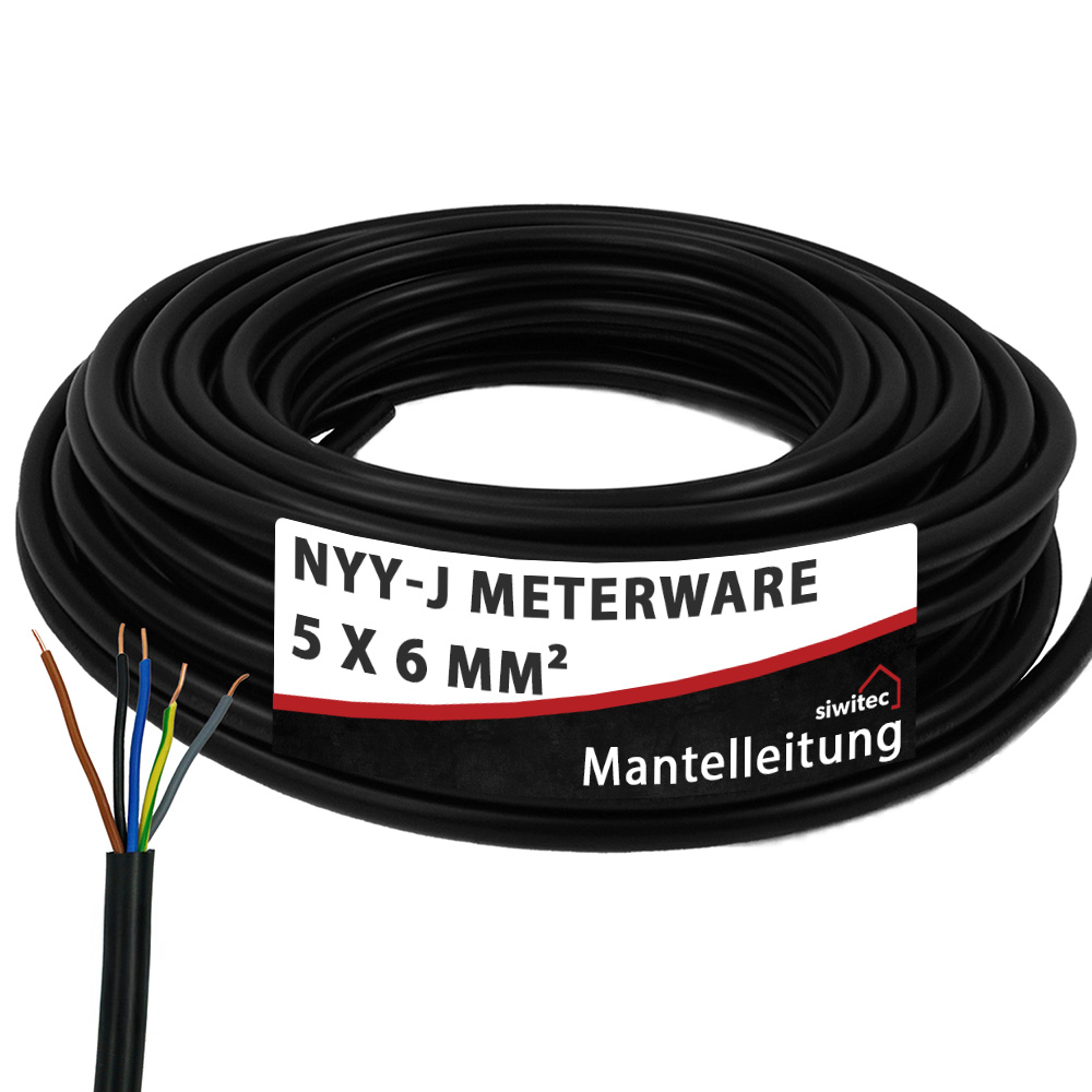 siwitec NYY-Kabel,  NYY-J 5 x 6 mm², 1 m, Erdkabel für Verlegung im Erdreich, Kabel nach Maß Produktabbildung