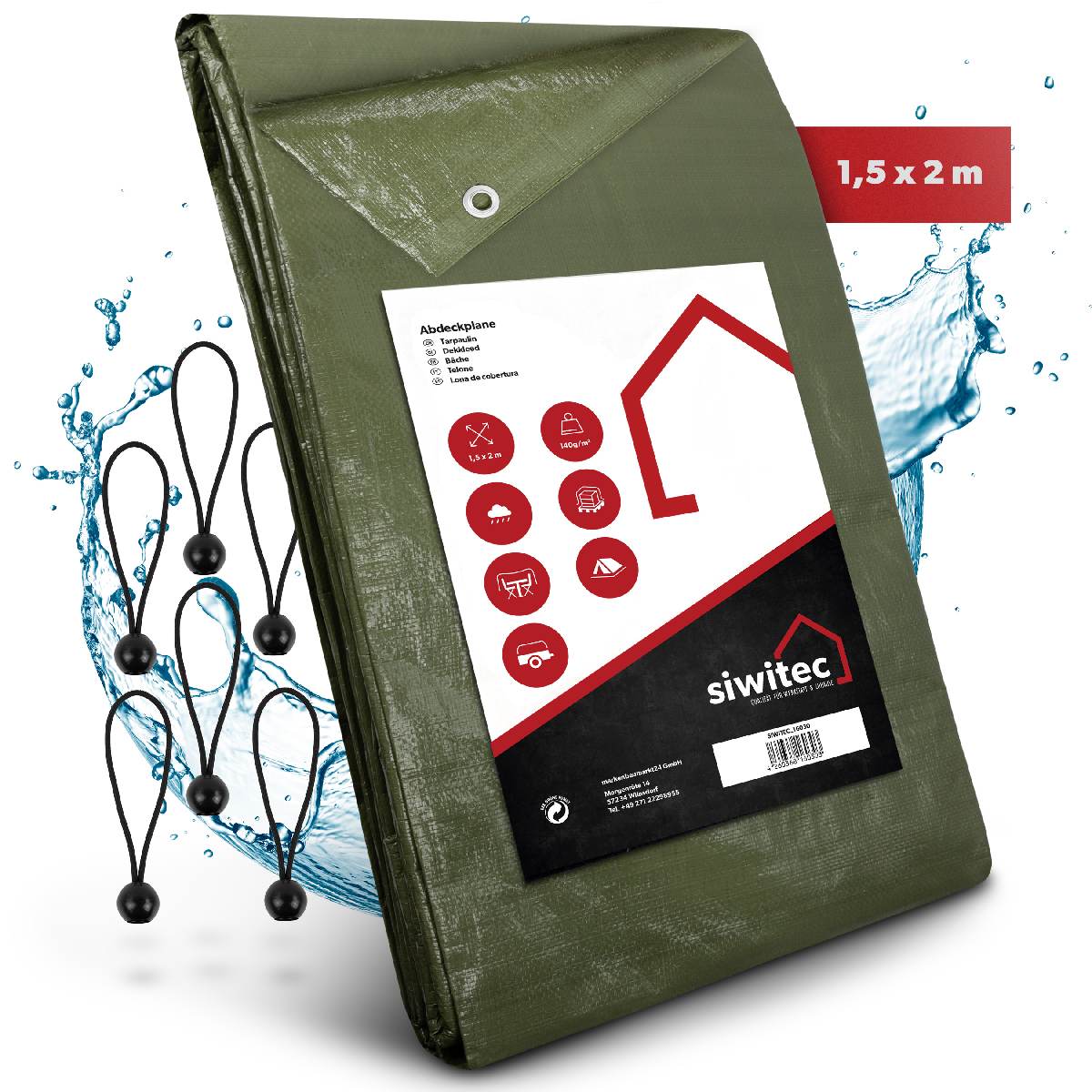 siwitec Abdeckplane 1,5 x 2 m inkl. 6 Planenspanner, Gewebeplane 140 g pro m², Plane, wasserdicht Produktabbildung