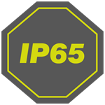 Achteckiges Symbol mit der Aufschrift IP65 in gelber Schrift auf grauem Hintergrund