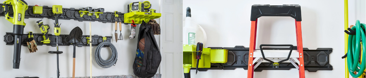 Werkzeuge und Gartengeräte ordentlich an einer Wandhalterung befestigt