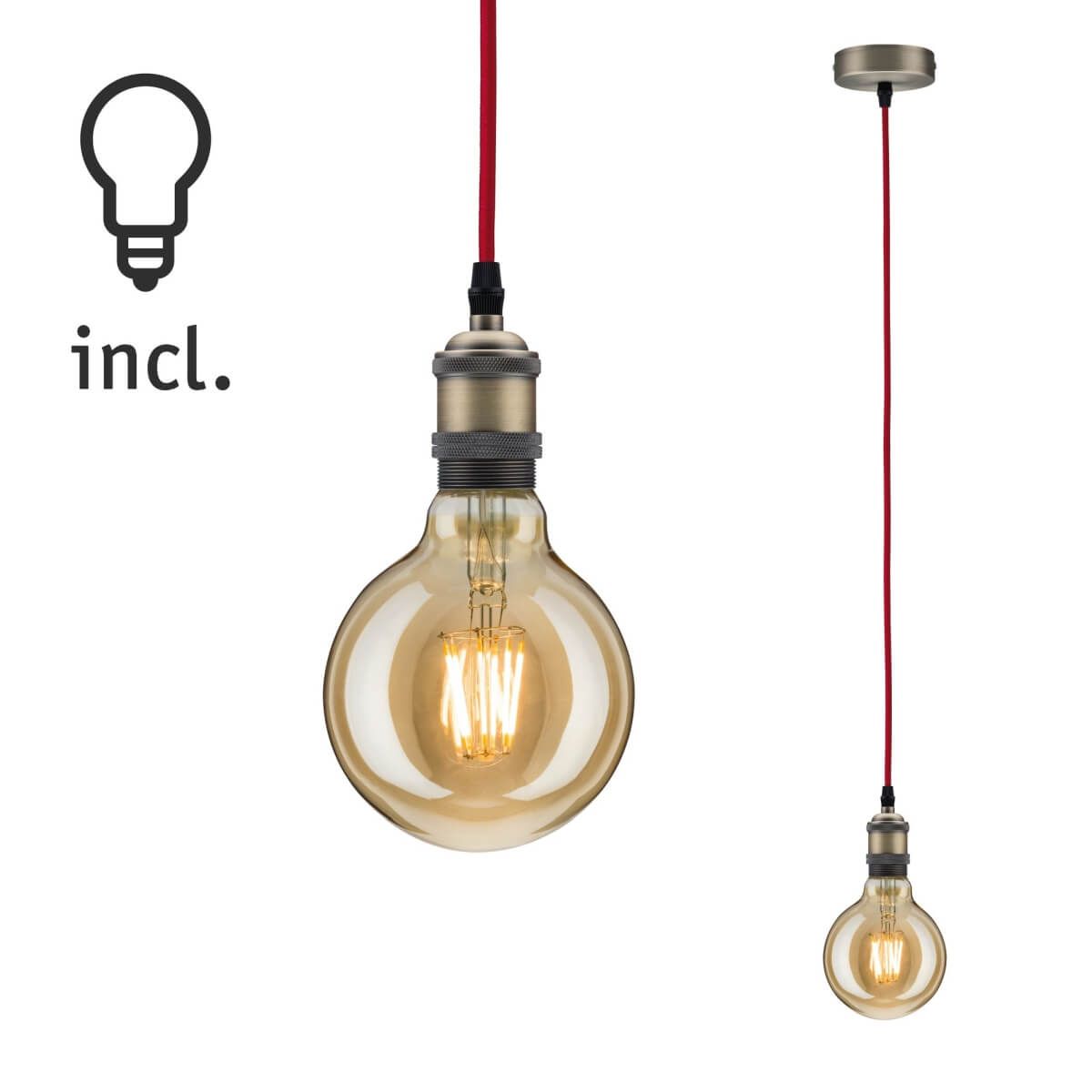 Paulmann Bundle Pendel Vintage-Pendel und LED Vintage-Globe, E27, 6 W,  2m Stoffkabel Rot + Gelb Produktabbildung 1