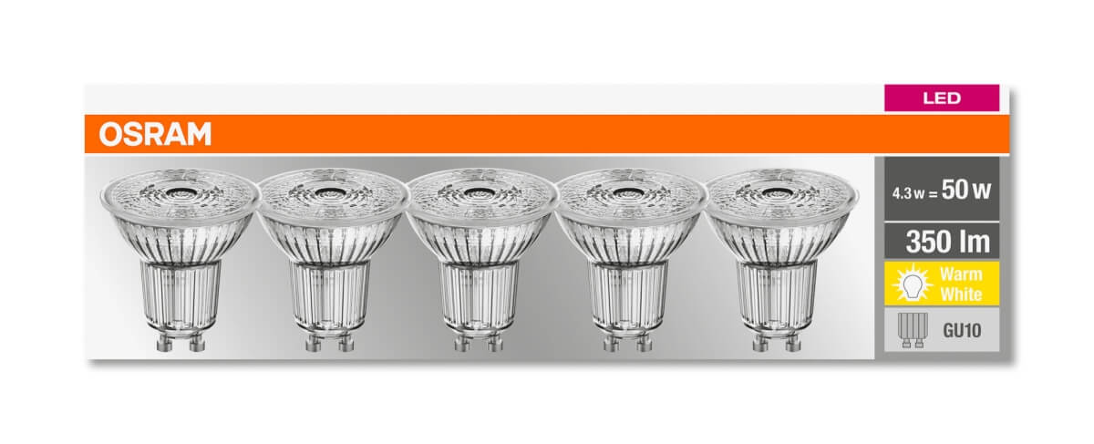 Osram 5er Pack LED BASE PAR16 4,3W = 50W GU10 Strahler 350lm 36° 2700K Warmweiß Produktabbildung 2