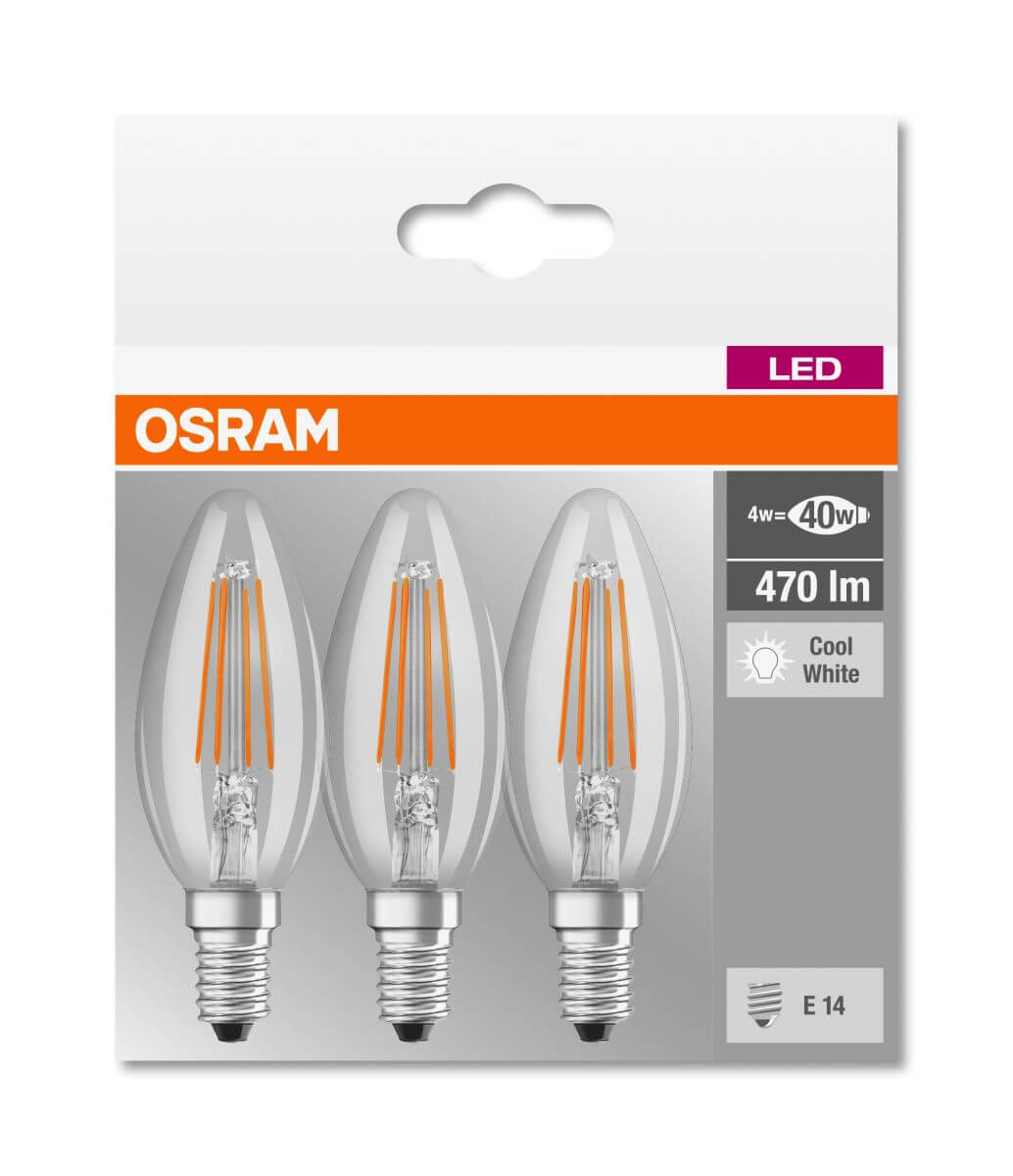 Osram 6er Pack FILAMENT LED BASE CLASSIC B 4W = 40W E14 Kerze 470lm 4000K Neutralweiß Produktabbildung 3
