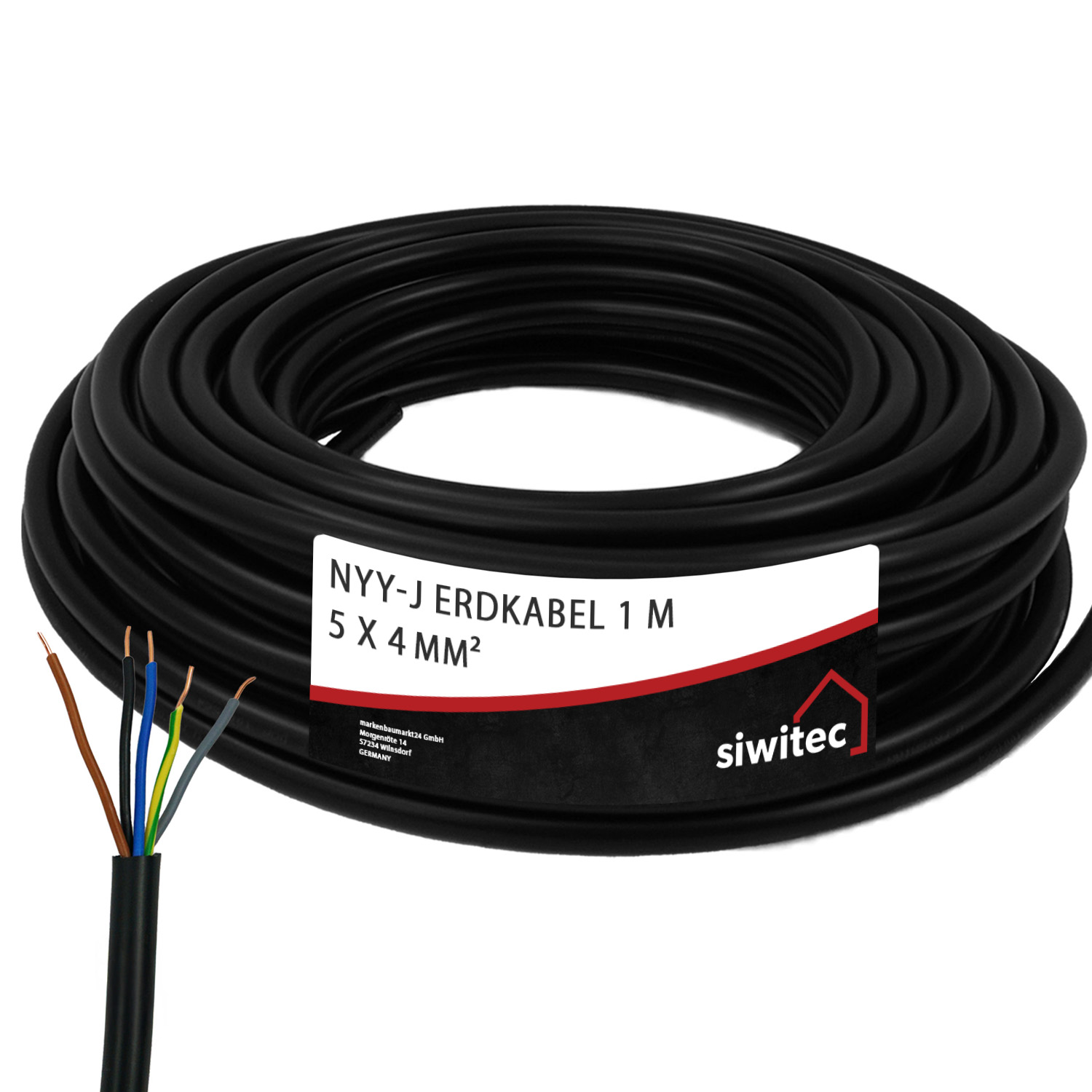 siwitec NYY-Kabel, NYY-J 5x4 mm², 1 m, Erdkabel PVC, Erdleitung, Starkstromkabel, Erdungskabel Produktabbildung