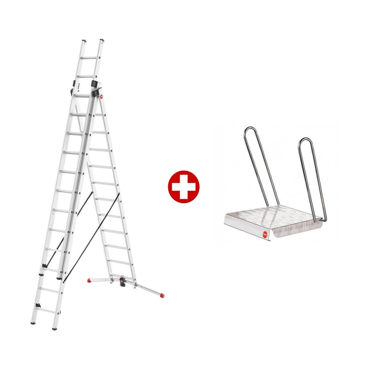 Hailo ProfiLOT Aluminium-Teleskopleiter mit gratis Einhängetritt, Kombi-Leiter mit 3 x 12 Sprossen Produktabbildung