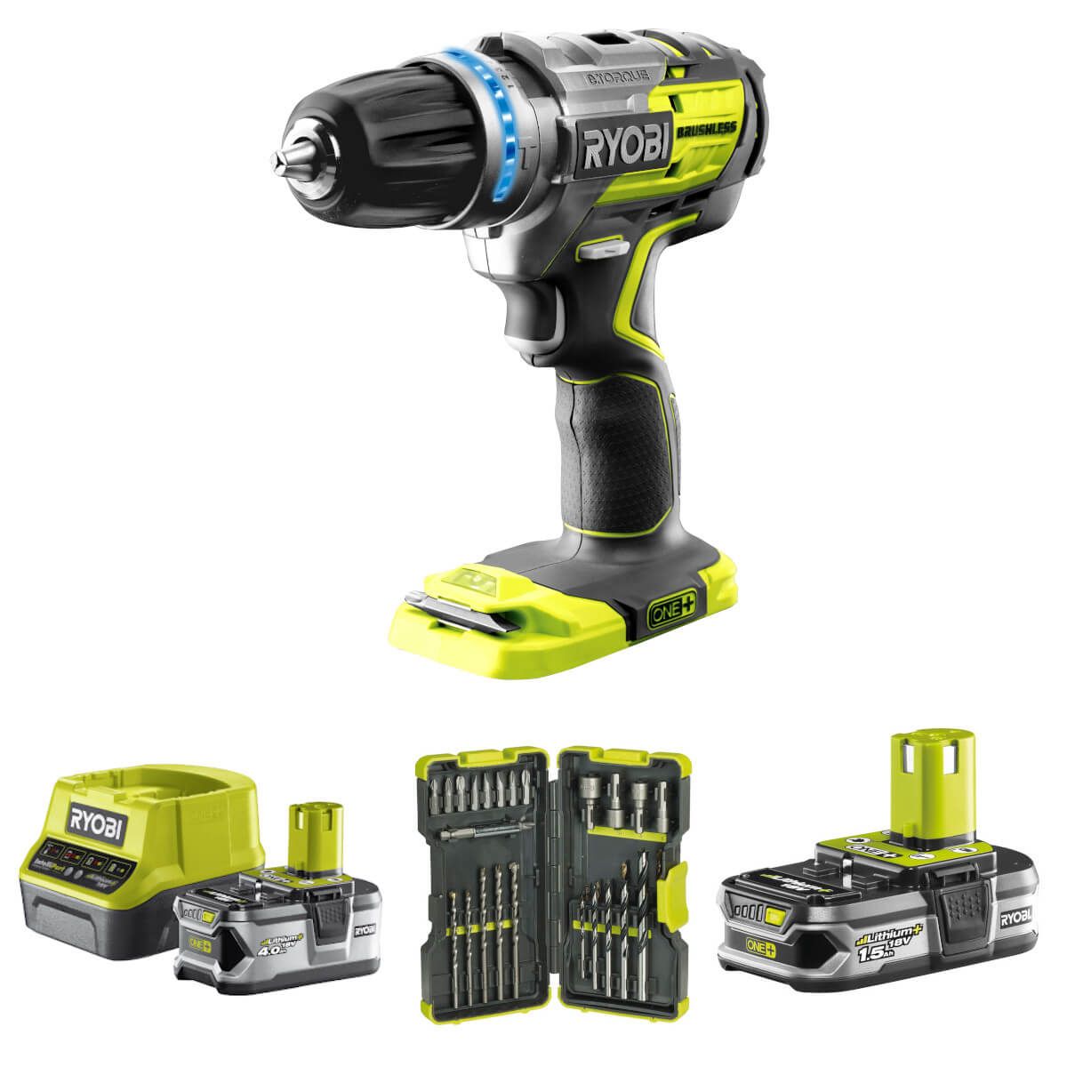 Ryobi Brushless R18PDBL-0 Akku-Schlagbohrschrauber ONE+, 18 V inkl. 2 Akkus + Ladegerät + Bitset Produktabbildung