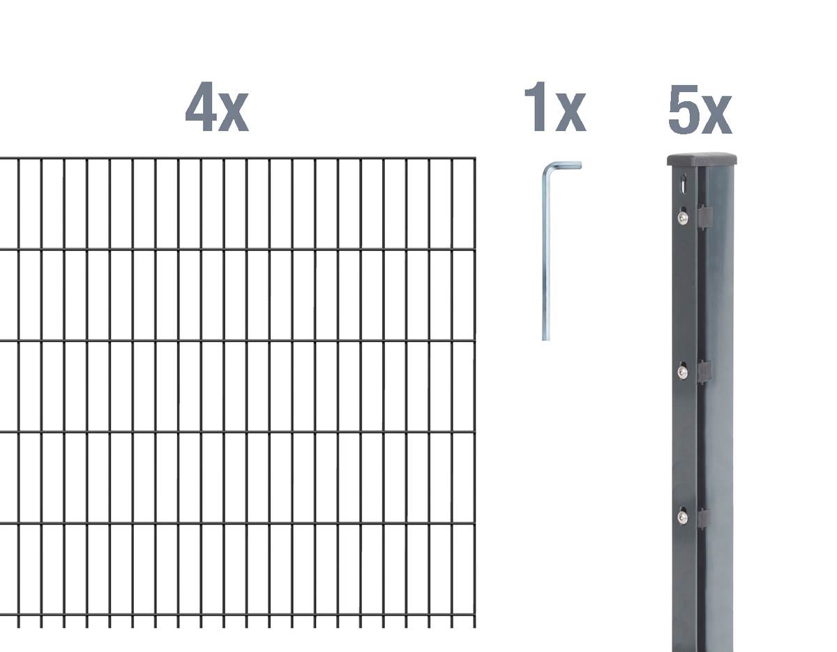 Alberts Komplettset Doppelstabmattenzaun mit Überstand, 2,5 m Matten, Anthrazit, 6|5|6, Flacheisen Produktabbildung