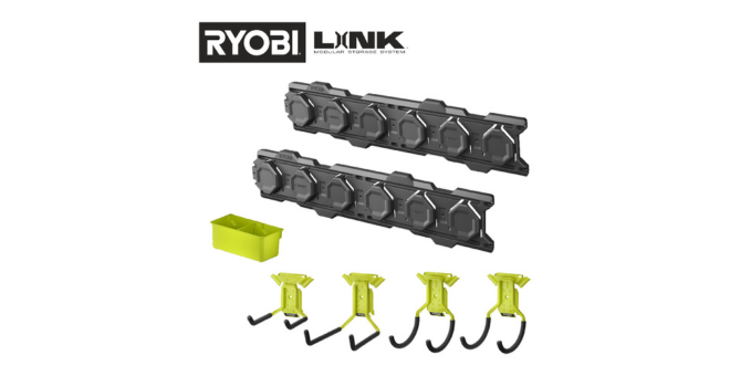 Zwei schwarze Werkzeughalterungen mit gelber Aufbewahrungsbox und vier Haken von Ryobi Link System