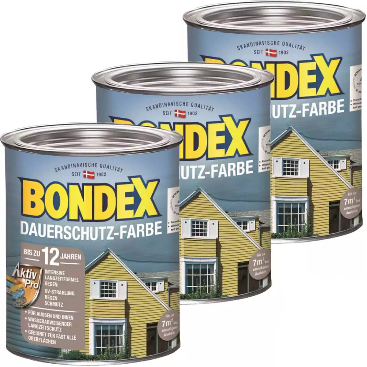 BONDEX Dauerschutz Farbe Außen Holzfarbe, 3 x 0,75 l, hochdeckend, Wetterschutz, 3er-Set Sahara Produktabbildung