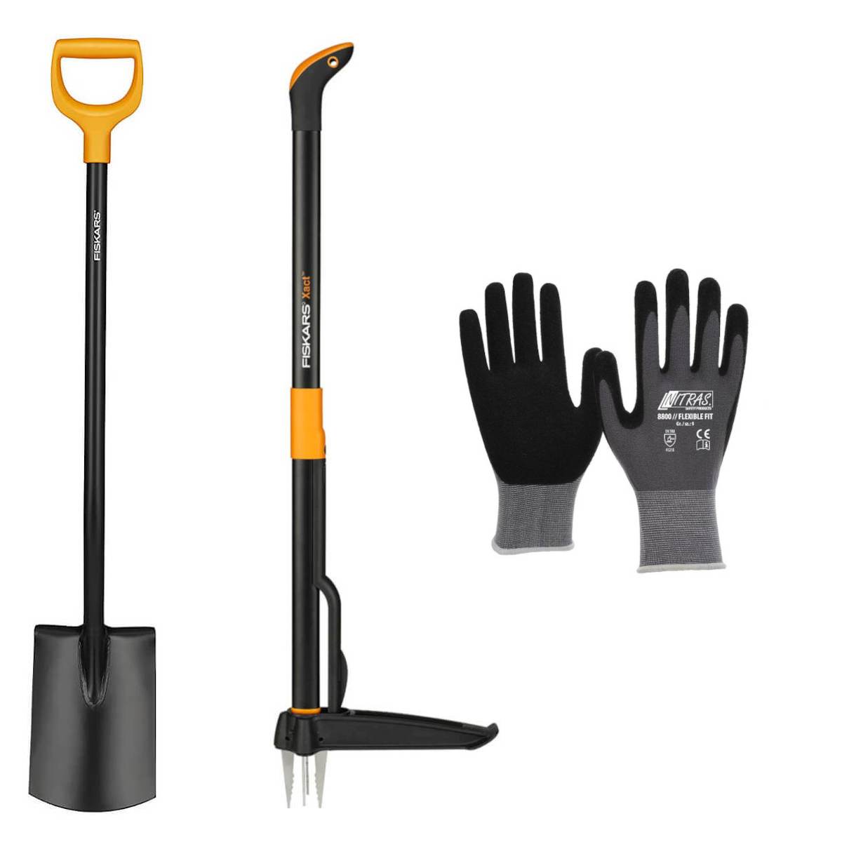 Fiskars Solid Gartenspaten rund, Unkrautstecher Xact, Nitras Handschuhe Set Produktabbildung 1