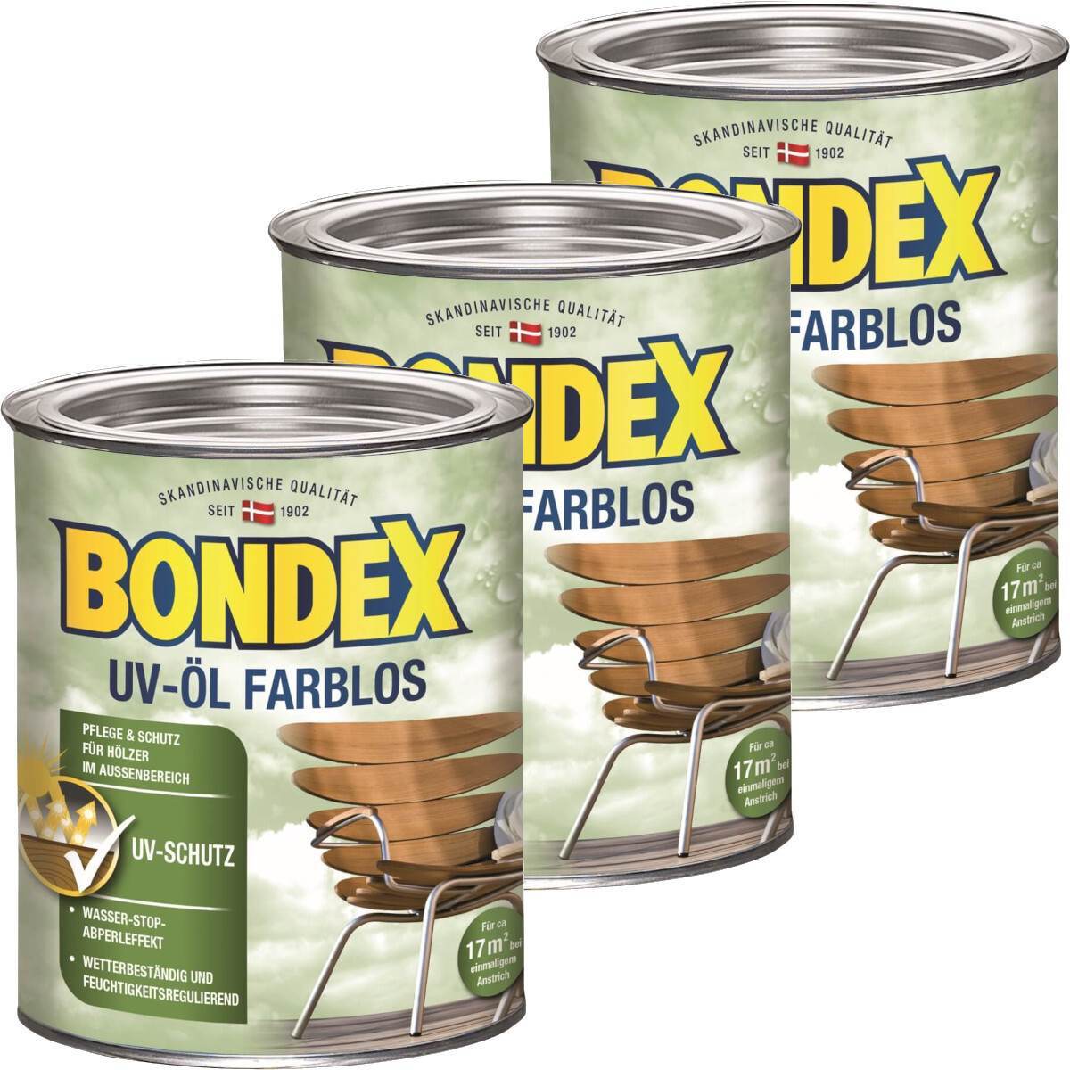 BONDEX UV-Öl, 3 x 0,75 l , Wasser-stop Abperleffekt, Witterungsschutz, UV-Schutz, 3er-Set, Farblos Produktabbildung 1
