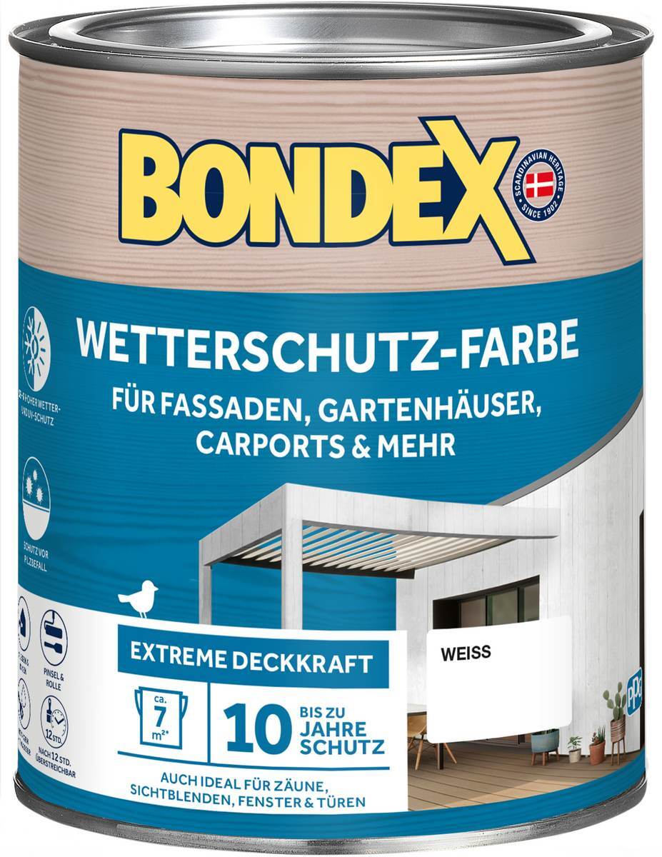 BONDEX Wetterschutz-Farbe, Außen, Hochdeckend, Witterungsbeständig, Weiß, 0,75 l Produktabbildung