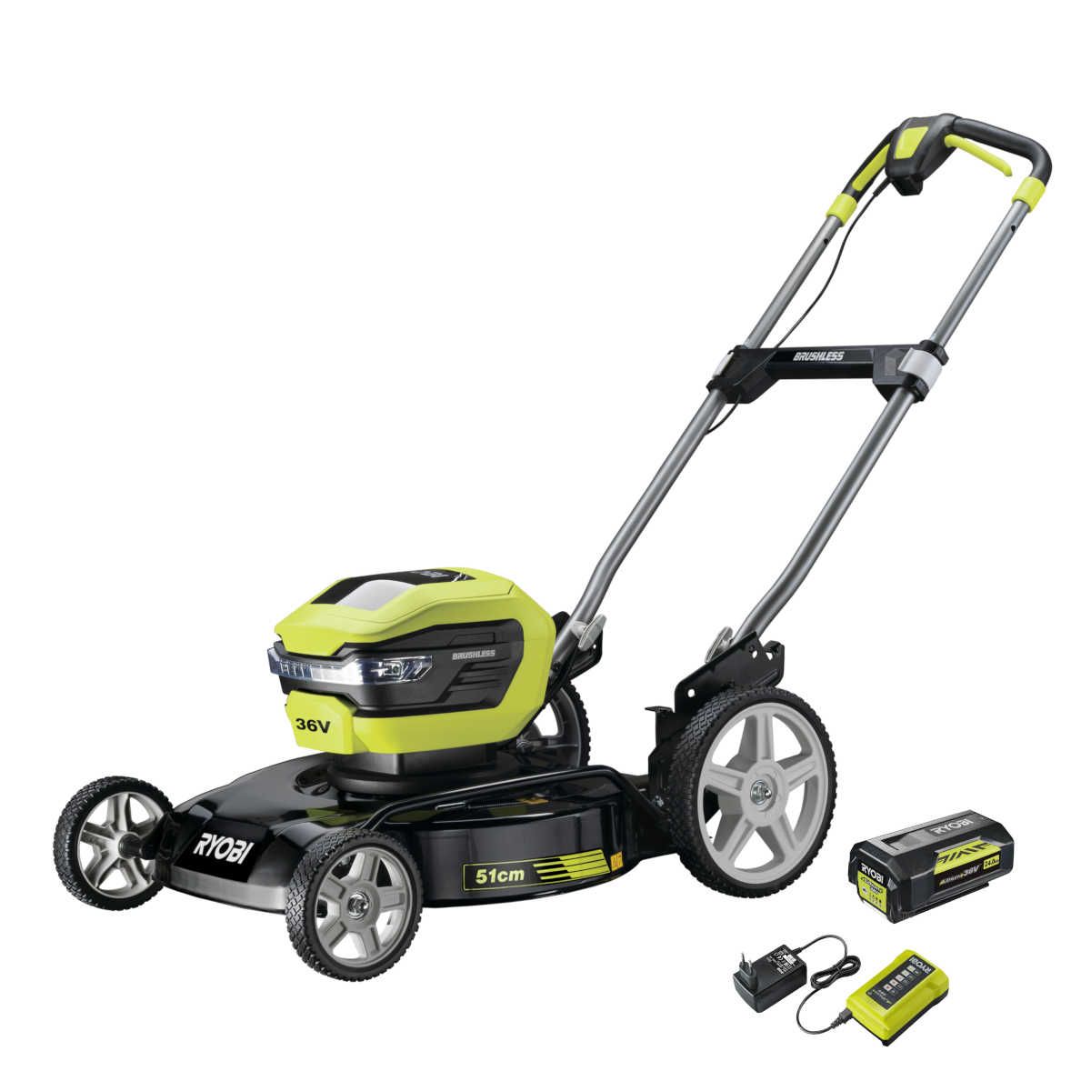 Ryobi RY36LMMX51A-140 36 V Akku-Mulchmäher mit Akku & Ladegerät, 51 cm Schnittbreite, Teleskopgriff Produktabbildung