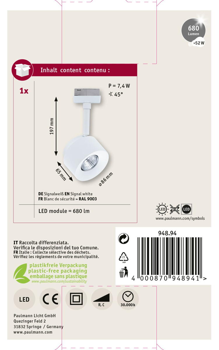 Paulmann URail LED Spot Pane in Signalweiß 7,4W 680lm Produktabbildung 15