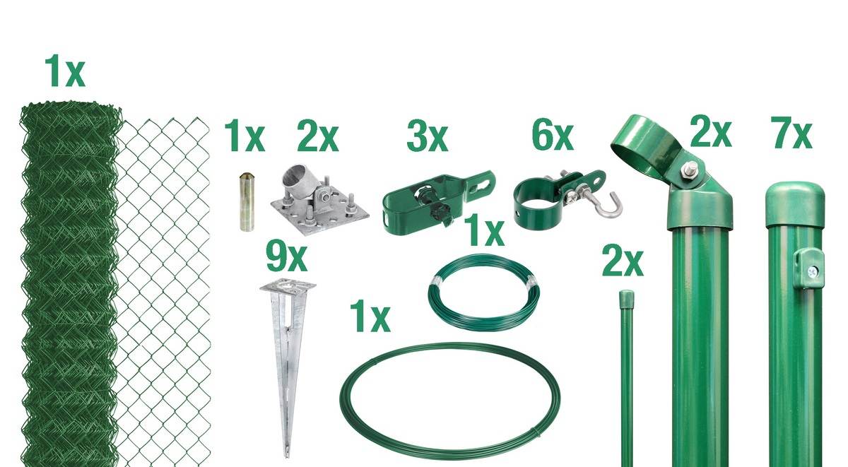 Alberts Maschendrahtzaun Komplettset mit Bodenhülsen, Grün, 1,5 m hoch, 15 m lang Produktabbildung