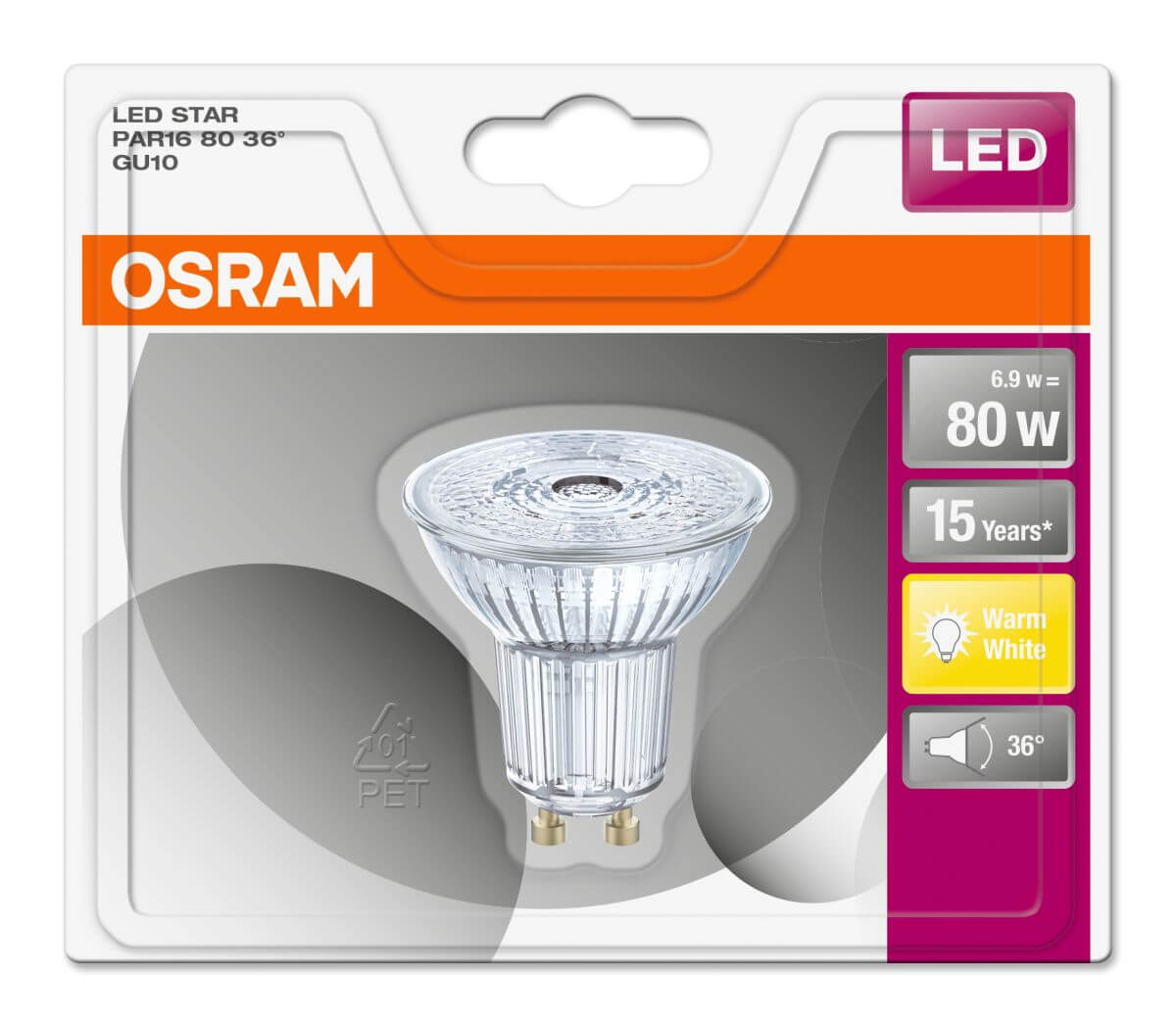 Osram LED Star PAR16 80, 6,9W = 80W, 575 lm, GU10, 36°, Warmweiß (2700 K), Reflektor Produktabbildung 2