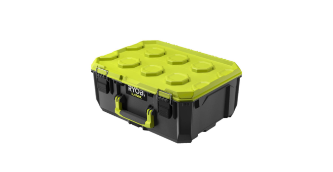 Ein schwarzer Werkzeugkoffer mit einem leuchtend gelben Deckel und Griff