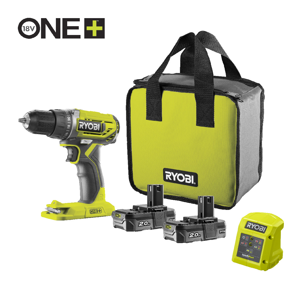Ryobi Akku-Bohrschrauber 18 V ONE+, 40 Nm Drehmoment, 2x 2,0 Ah Akku & 1,5 A Ladegerät, R18DD2-220S Produktabbildung
