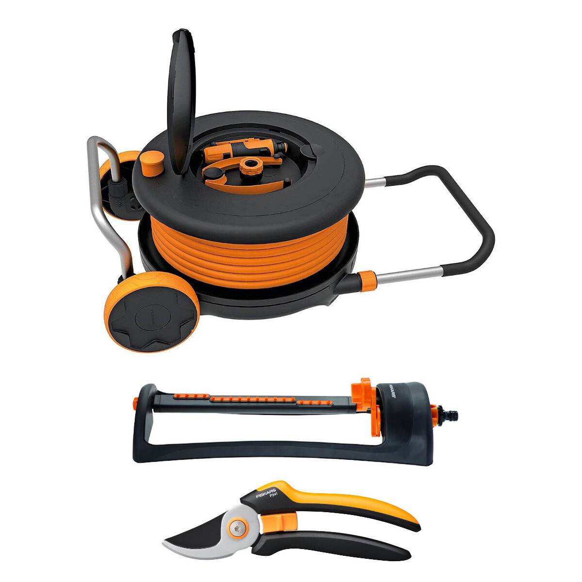 Fiskars Waterwheel M mit Rollwagen, Set mit Vierecksprinkler M und Bypass-Gartenschere Produktabbildung 1