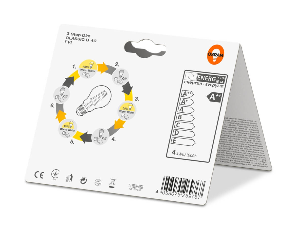 Osram LED 3 Step Dim Classic B 40, 4W = 40W, 470 lm, E14, Klar, Warmweiß (2700 K), Kerze, dimmbar Produktabbildung 6