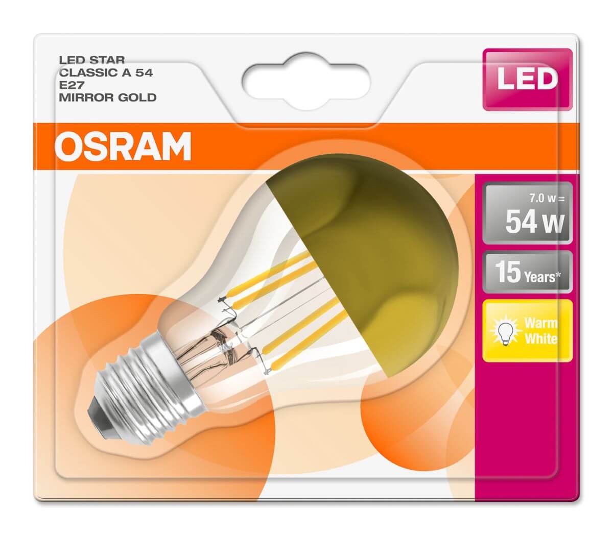 Osram LED Star Classic A Kopfspiegel Gold, 7W = 54W, 700 lm, E27, klar, Warmweiß (2700 K) Produktabbildung 2