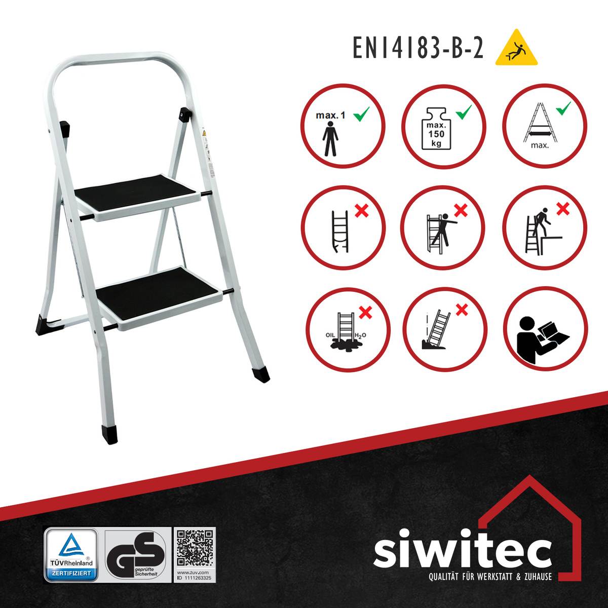 B-Ware siwitec Mini-Klapptritt mit 2 Stufen, Leiter, Anthrazit, bis zu 150 kg, TÜV zertifiziert Produktabbildung 5