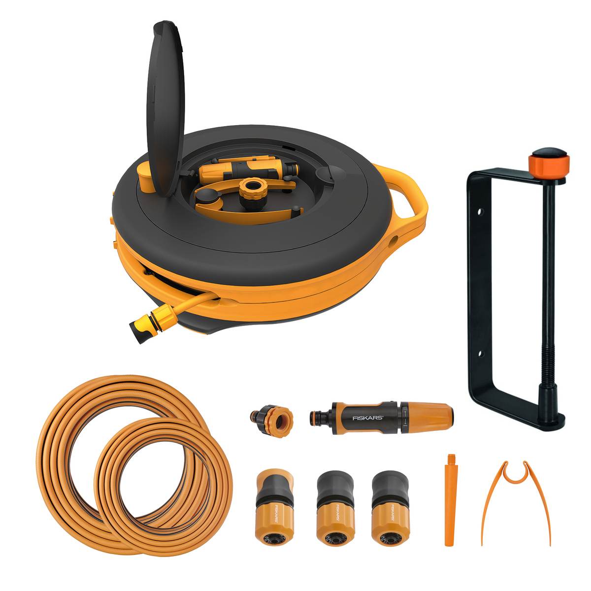 Fiskars Waterwheel S mit Wandhalterung, Bewässerungs-Set mit 15 m Gartenschlauch Ø 9 mm, Schlauchbox Produktabbildung