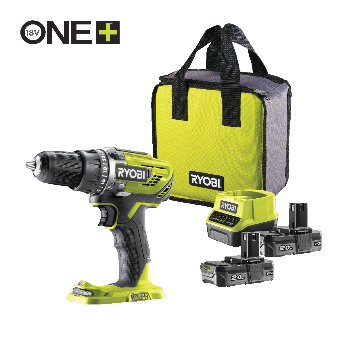 Ryobi Akku-Bohrschrauber 18 V ONE+, 50 Nm Drehmoment, 2x 2,0 Ah Akkus & 2,0 A Ladegerät, R18DD3-220S Produktabbildung