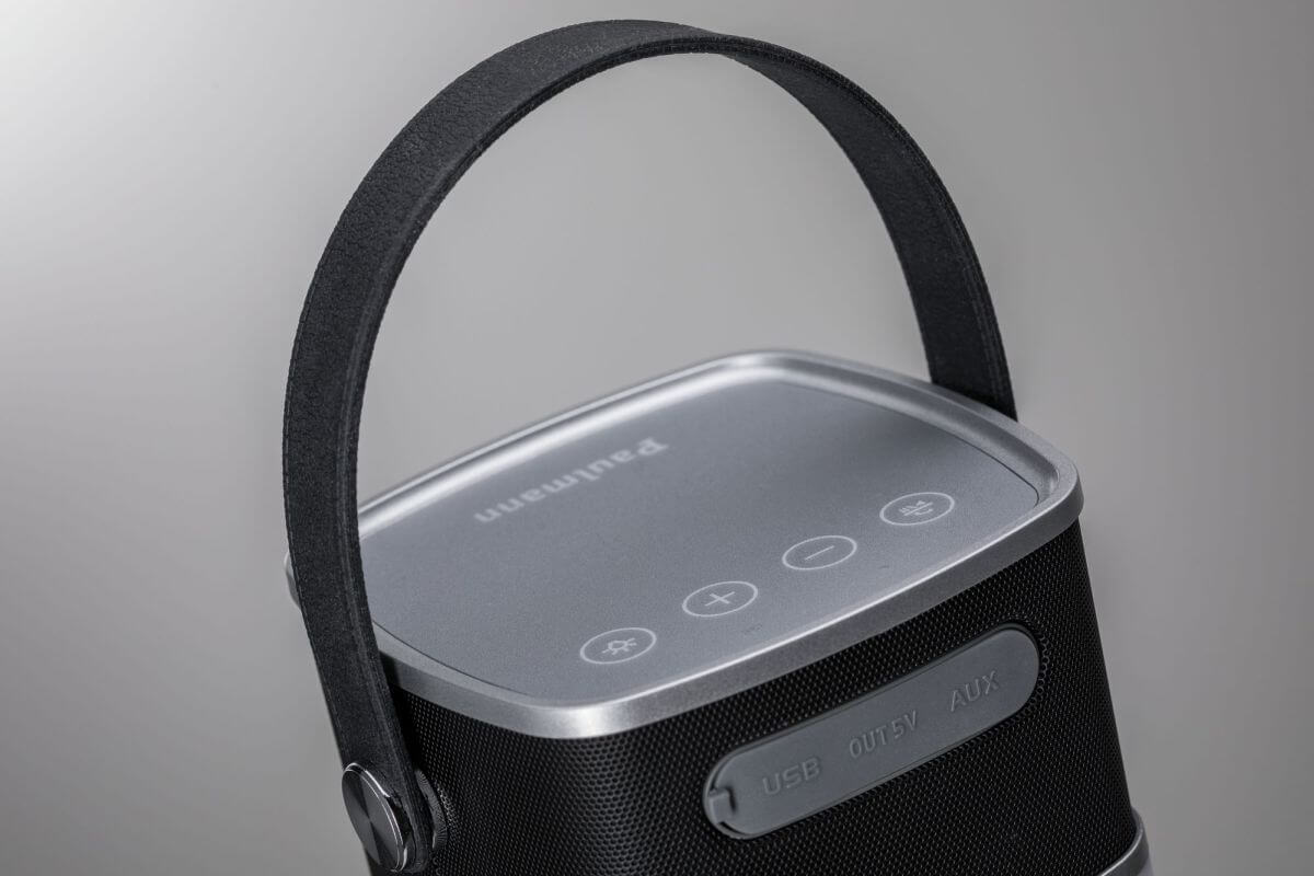 Paulmann Mobile Tischleuchte Clutch Sound IP44 dimmbar Akkubetrieb mit Lautsprecher Produktabbildung 5