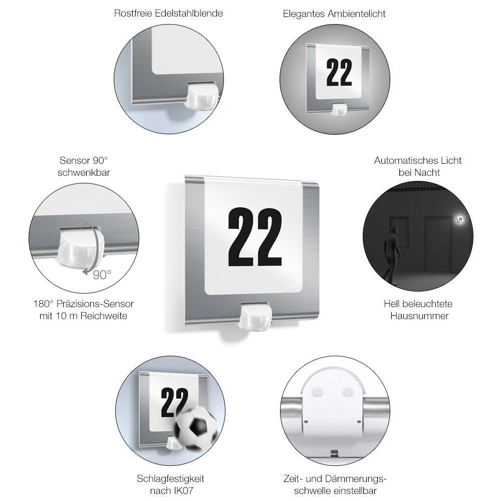 Steinel Hausnummernleuchte L 220 S LED Edelstahl, 9,3 W LED Außenleuchte, 180° Bewegungsmelder Produktabbildung 2