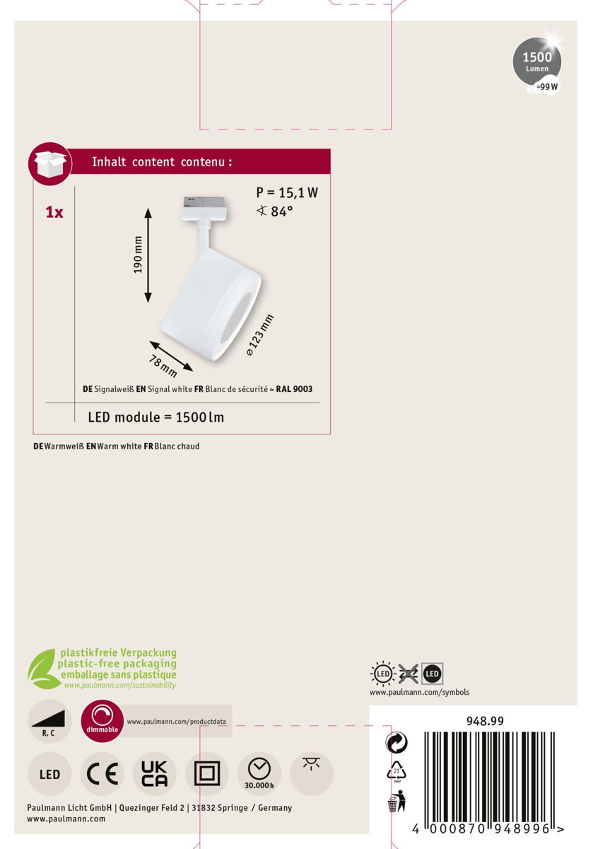 Paulmann URail LED Spot Arena in Signalweiß 15W 850lm 2700K Produktabbildung 14